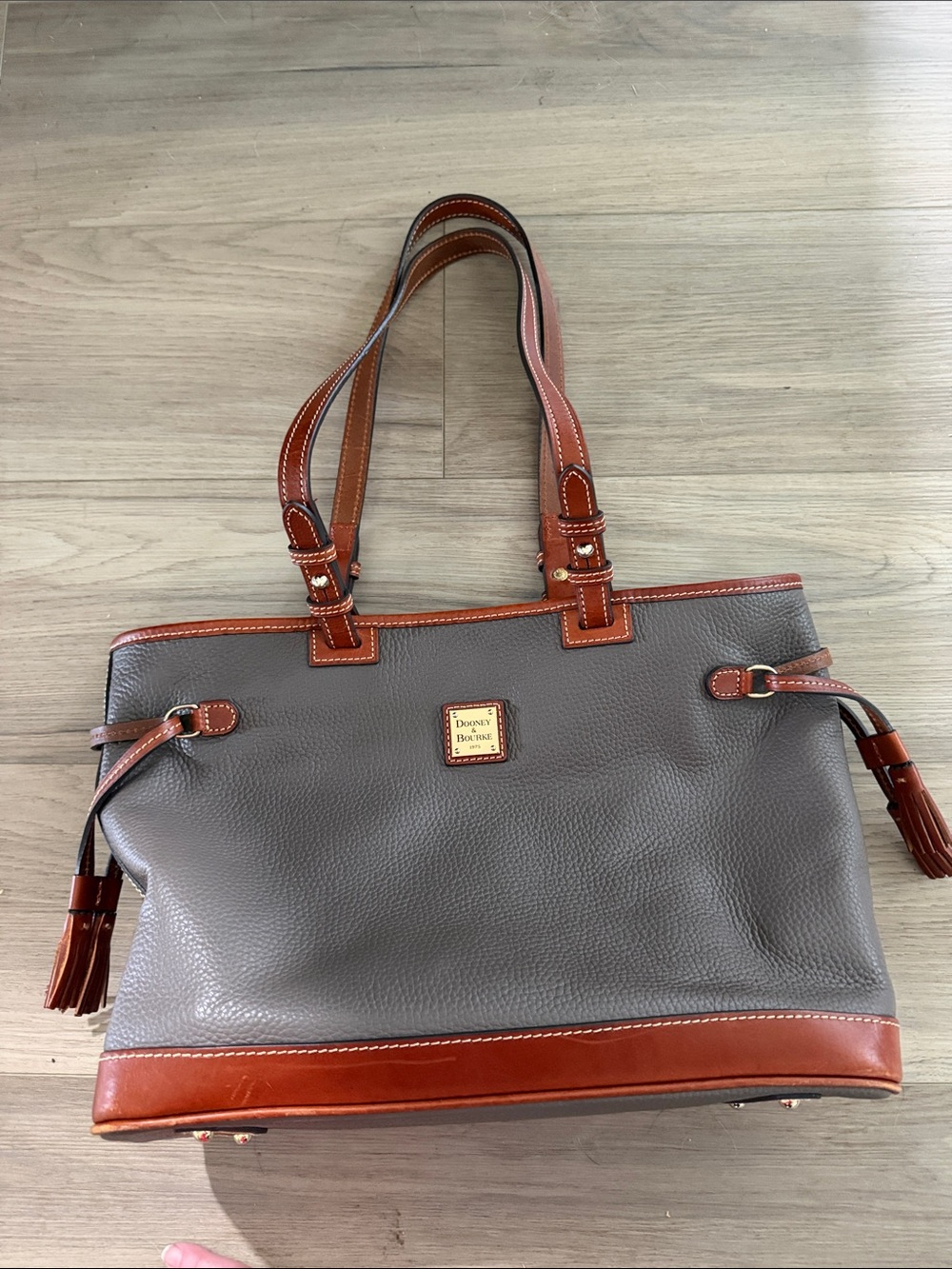 Dooney & Bourke Gray Leather Tote with Brown Trim and Tassels &matching wallet